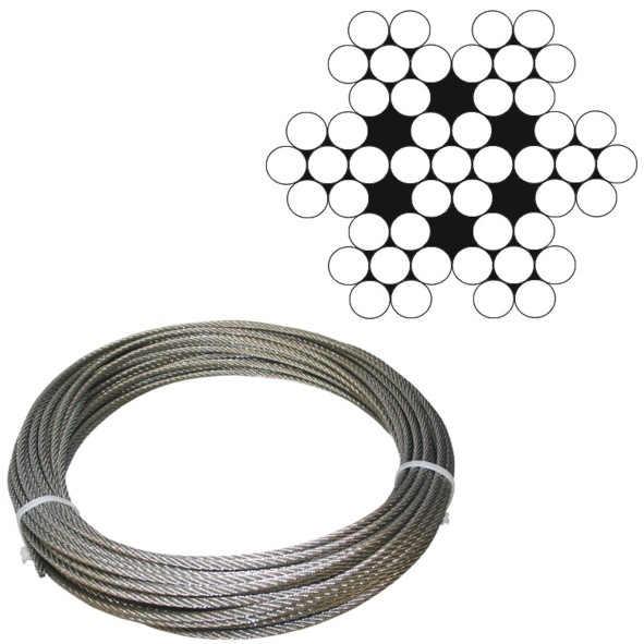 Drahtseil 2 mm Ø mit Aufbau 7x7 und Länge 6,5 Meter aus Edelstahl V4A